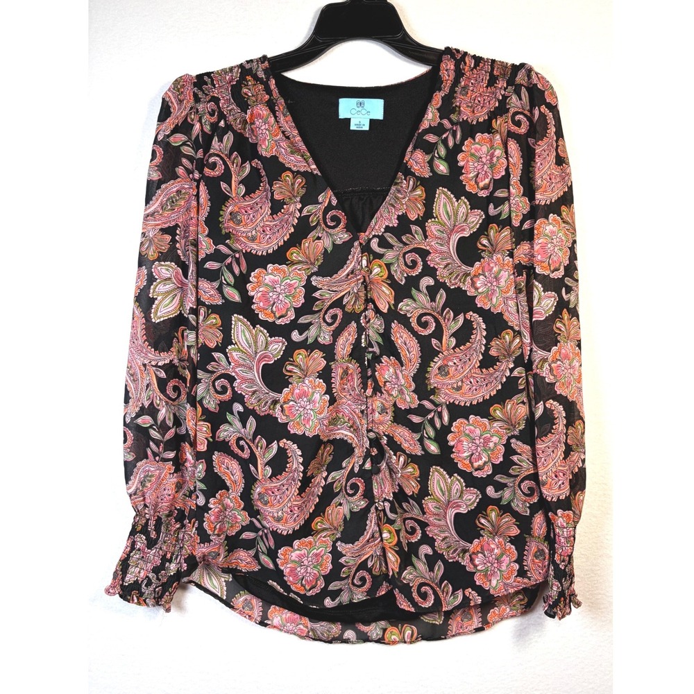 CeCe Paisley Floral Blouse Womens Small Black Pink Excellent V-Neck Smocked Cuff
